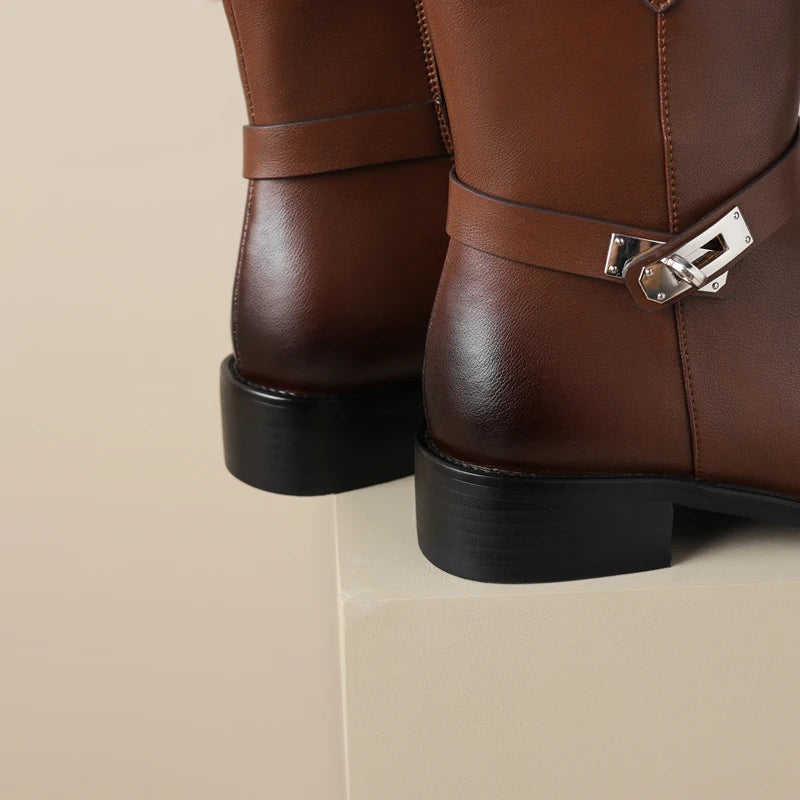Women's Autumn/Winter Round Head Metal Belt Buckle Leather Cowhide Retro Mid Heel Extra Large Leg Motorcycle Short Boots