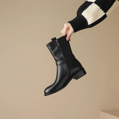 Women's Autumn/Winter Round Head Metal Belt Buckle Leather Cowhide Retro Mid Heel Extra Large Leg Motorcycle Short Boots