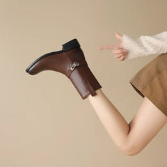 Women's Autumn/Winter Round Head Metal Belt Buckle Leather Cowhide Retro Mid Heel Extra Large Leg Motorcycle Short Boots