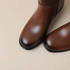 Women's Autumn/Winter Round Head Metal Belt Buckle Leather Cowhide Retro Mid Heel Extra Large Leg Motorcycle Short Boots