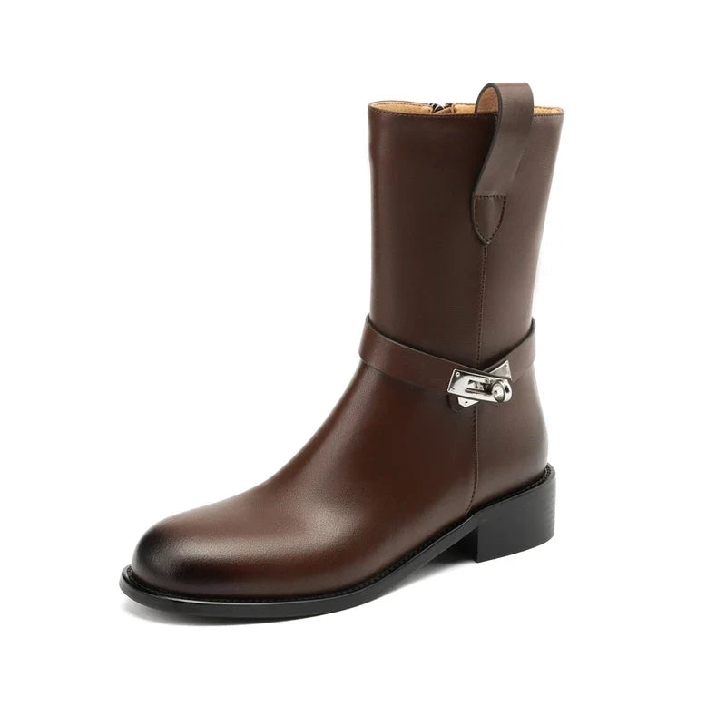 Women's Autumn/Winter Round Head Metal Belt Buckle Leather Cowhide Retro Mid Heel Extra Large Leg Motorcycle Short Boots