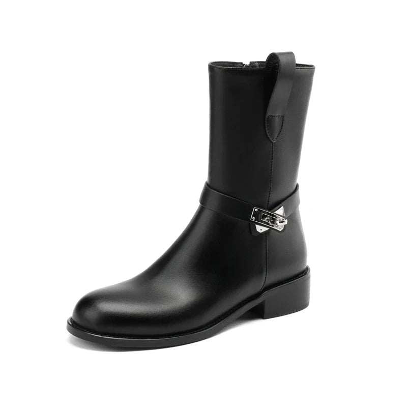 Women's Autumn/Winter Round Head Metal Belt Buckle Leather Cowhide Retro Mid Heel Extra Large Leg Motorcycle Short Boots