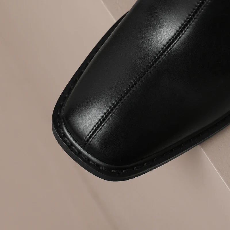 Women's Autumn/Winter Square Head Metal Accessories Genuine Cowhide High Heel Zipper