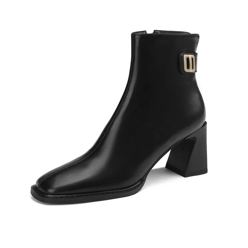 Women's Autumn/Winter Square Head Metal Accessories Genuine Cowhide High Heel Zipper