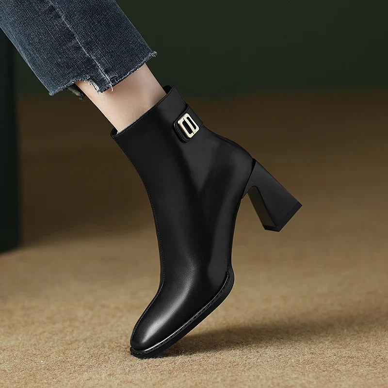 Women's Autumn/Winter Square Head Metal Accessories Genuine Cowhide High Heel Zipper