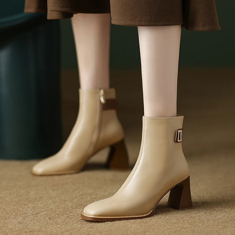 Women's Autumn/Winter Square Head Metal Accessories Genuine Cowhide High Heel Zipper