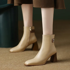 Women's Autumn/Winter Square Head Metal Accessories Genuine Cowhide High Heel Zipper