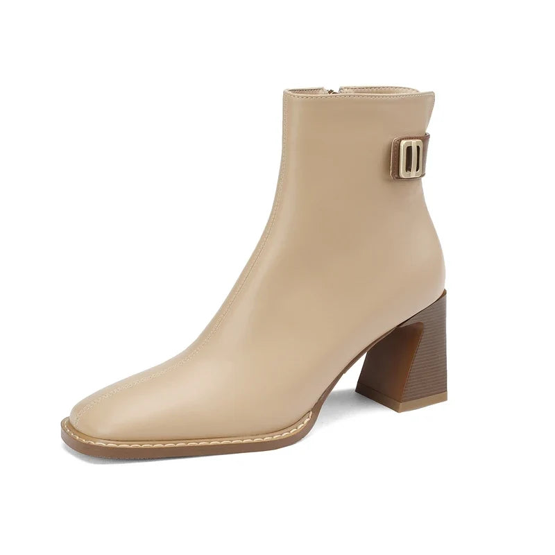Women's Autumn/Winter Square Head Metal Accessories Genuine Cowhide High Heel Zipper