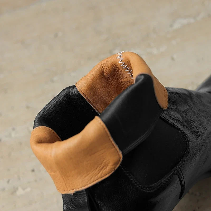 Women's Autumn/Winter Square Headed Genuine Leather Sheepskin Elastic High Heels