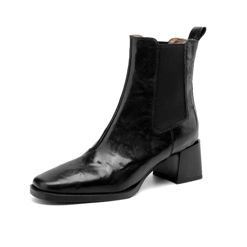 Women's Autumn/Winter Square Headed Genuine Leather Sheepskin Elastic High Heels