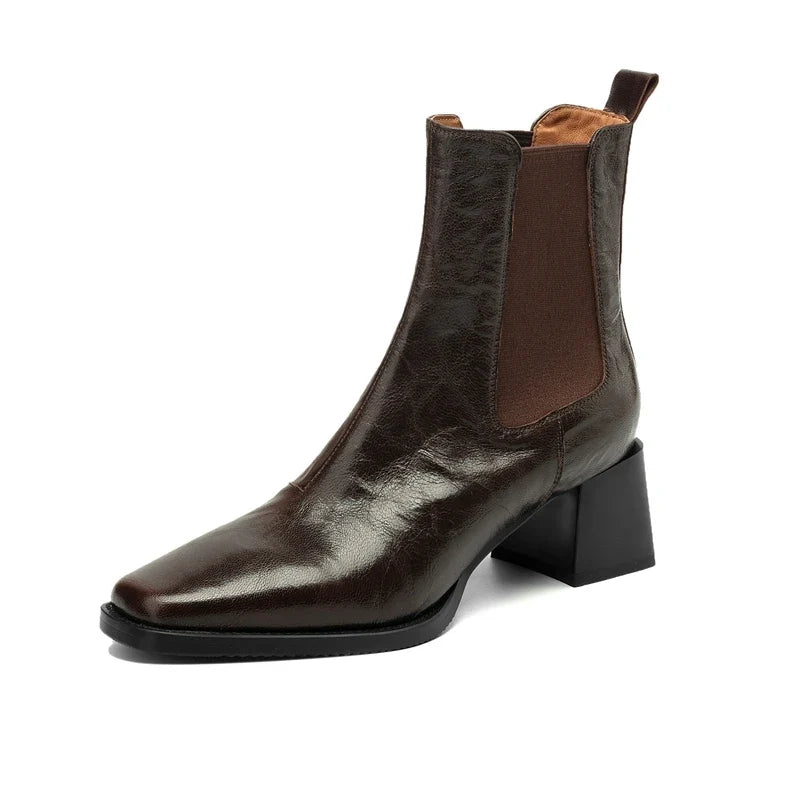 Women's Autumn/Winter Square Headed Genuine Leather Sheepskin Elastic High Heels