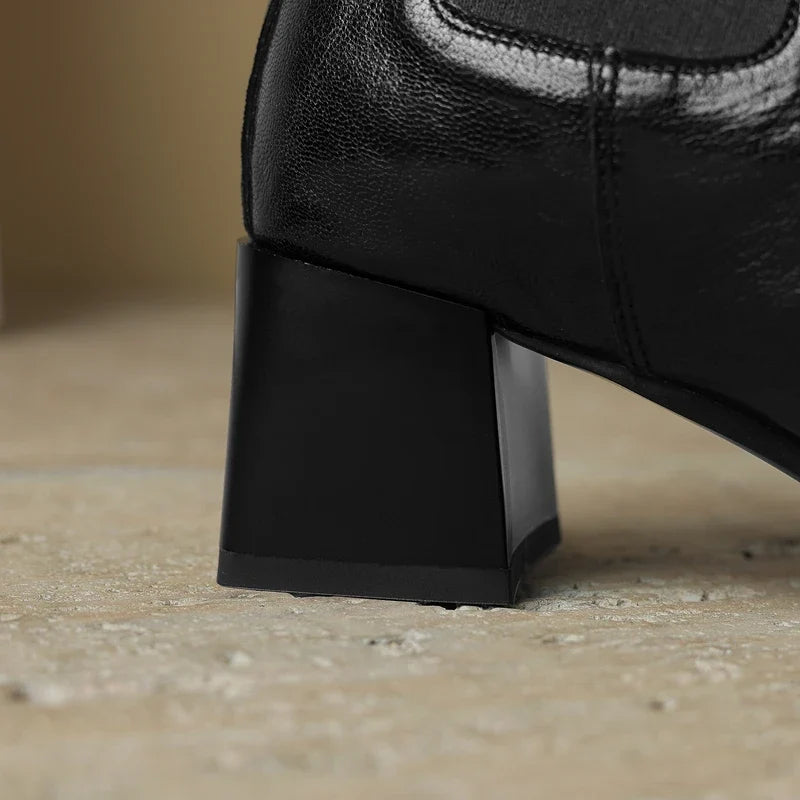 Women's Autumn/Winter Square Headed Genuine Leather Sheepskin Elastic High Heels