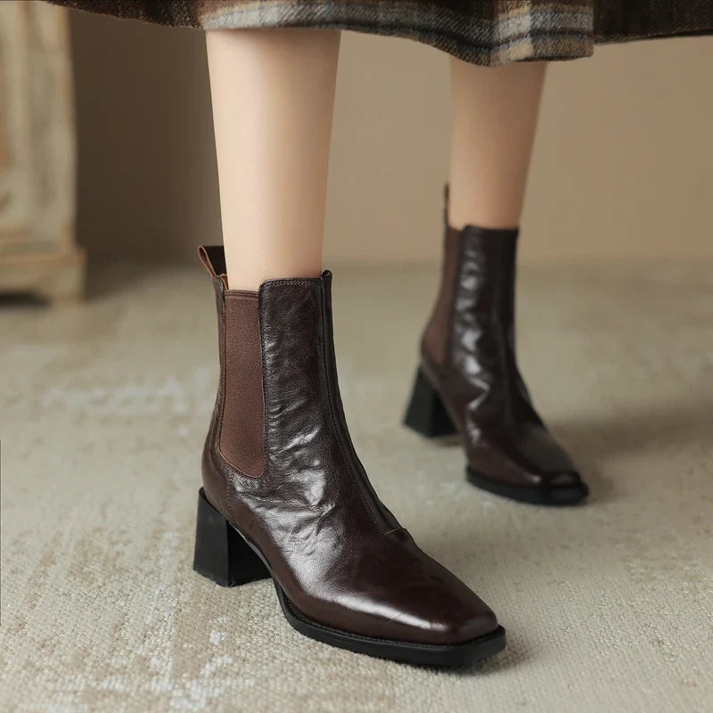 Women's Autumn/Winter Square Headed Genuine Leather Sheepskin Elastic High Heels