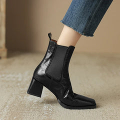 Women's Autumn/Winter Square Headed Genuine Leather Sheepskin Elastic High Heels