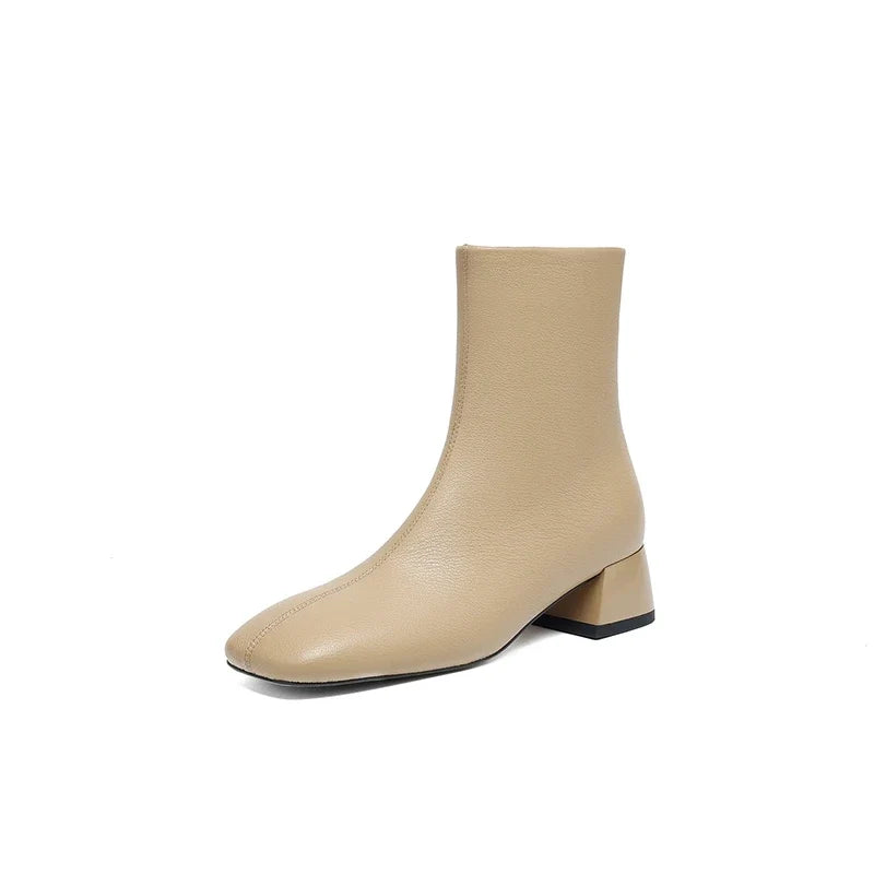 Women's Autumn and Winter Cowhide Square Toe Thick Heel Mid Heel Plus