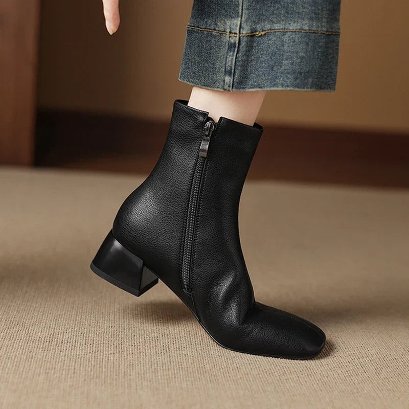 Women's Autumn and Winter Cowhide Square Toe Thick Heel Mid Heel Plus