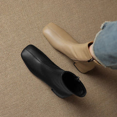 Women's Autumn and Winter Cowhide Square Toe Thick Heel Mid Heel Plus