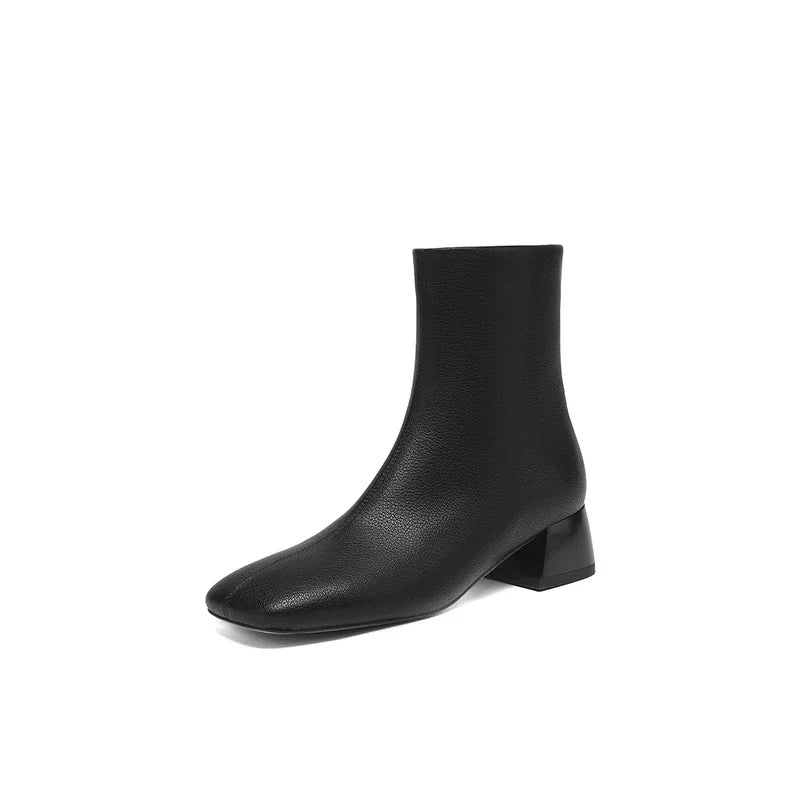 Women's Autumn and Winter Cowhide Square Toe Thick Heel Mid Heel Plus