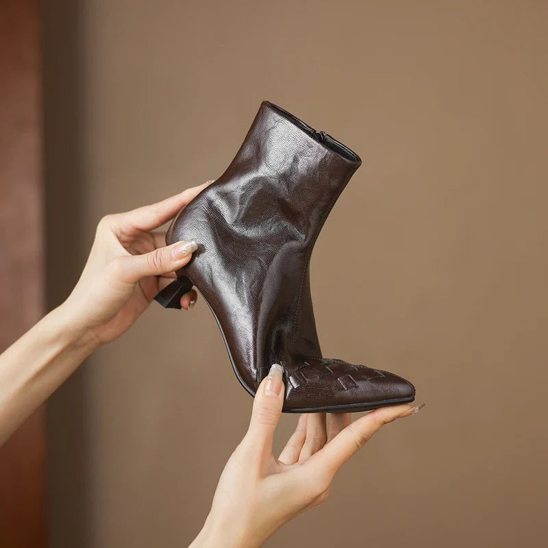 Women's Autumn and Winter Pointed Show Leather Embossed Cowhide High Heels Plus Calf Zipper Short Boots