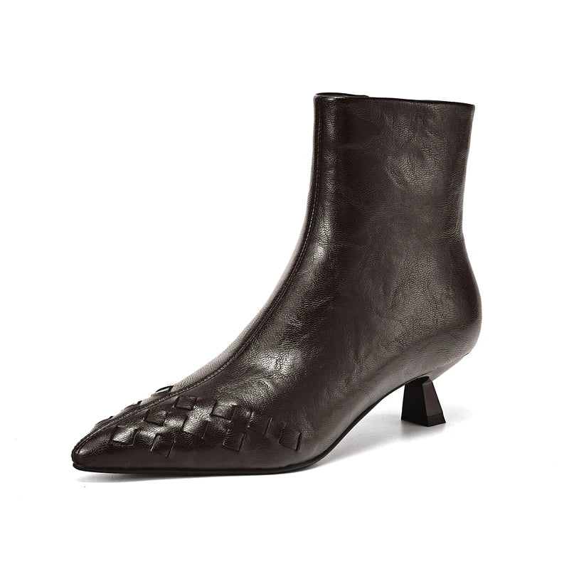 Women's Autumn and Winter Pointed Show Leather Embossed Cowhide High Heels Plus Calf Zipper Short Boots