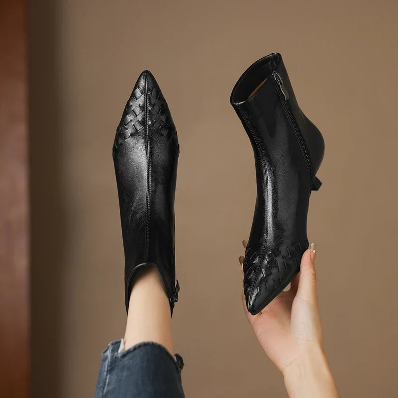 Women's Autumn and Winter Pointed Show Leather Embossed Cowhide High Heels Plus Calf Zipper Short Boots