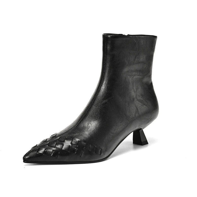 Women's Autumn and Winter Pointed Show Leather Embossed Cowhide High Heels Plus Calf Zipper Short Boots