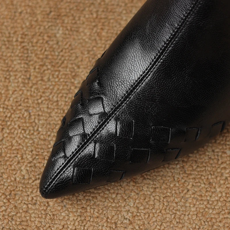 Women's Autumn and Winter Pointed Show Leather Embossed Cowhide High Heels Plus Calf Zipper Short Boots