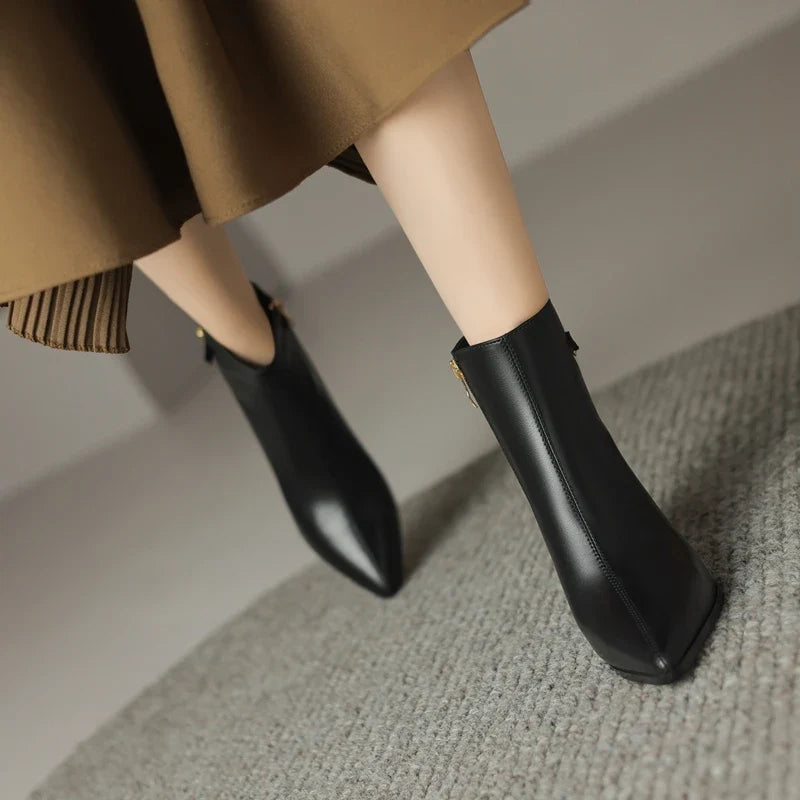 Women's Autumn and Winter Pointed Leather Cowhide Metal Belt Buckle High Heel