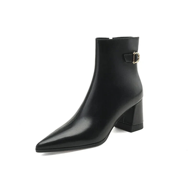 Women's Autumn and Winter Pointed Leather Cowhide Metal Belt Buckle High Heel
