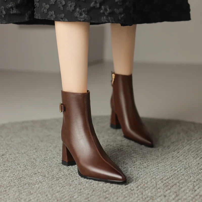 Women's Autumn and Winter Pointed Leather Cowhide Metal Belt Buckle High Heel