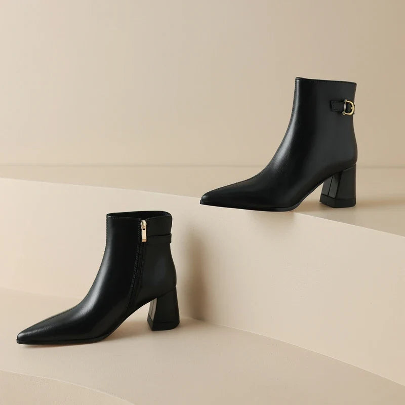 Women's Autumn and Winter Pointed Leather Cowhide Metal Belt Buckle High Heel