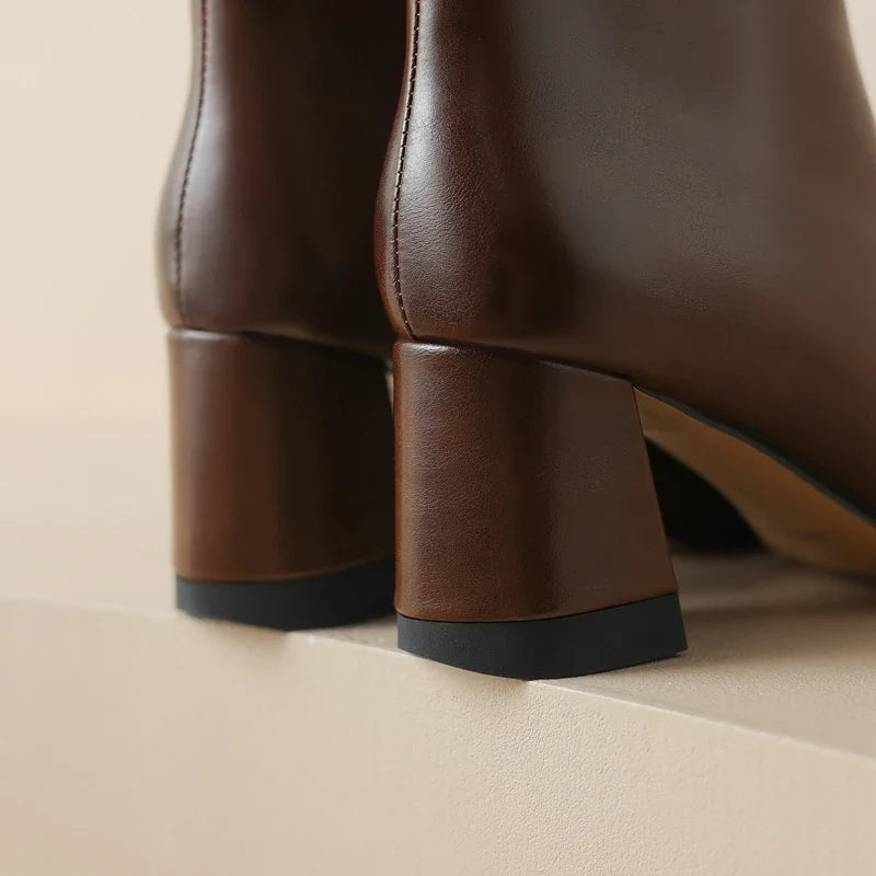 Women's Autumn and Winter Pointed Leather Cowhide Metal Belt Buckle High Heel