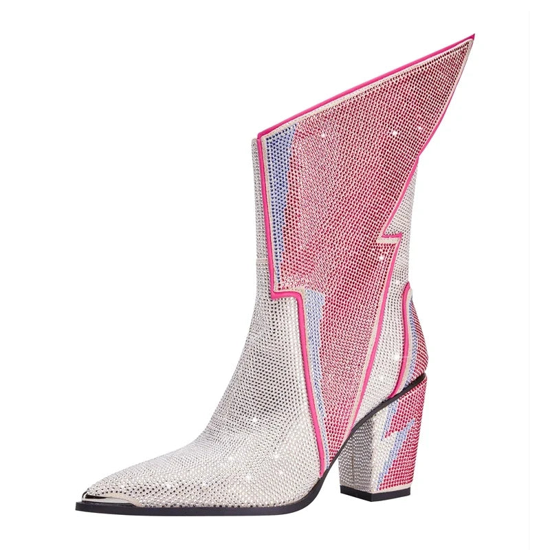 Women's Calf Pointed Head Sexy Nightclub Europe and America Lightning Water Diamond Large Heel Short Boots