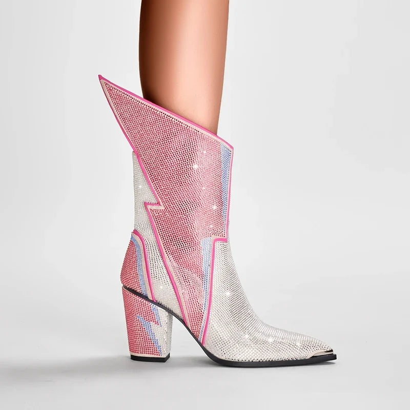 Women's Calf Pointed Head Sexy Nightclub Europe and America Lightning Water Diamond Large Heel Short Boots