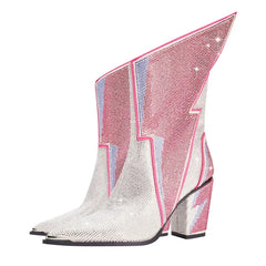 Women's Calf Pointed Head Sexy Nightclub Europe and America Lightning Water Diamond Large Heel Short Boots