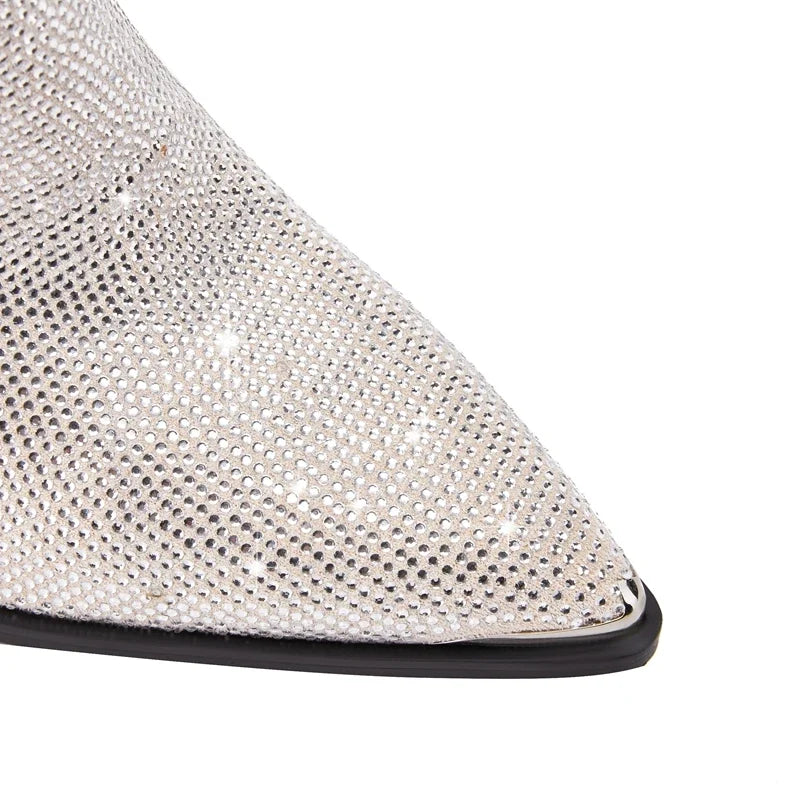Women's Calf Pointed Head Sexy Nightclub Europe and America Lightning Water Diamond Large Heel Short Boots