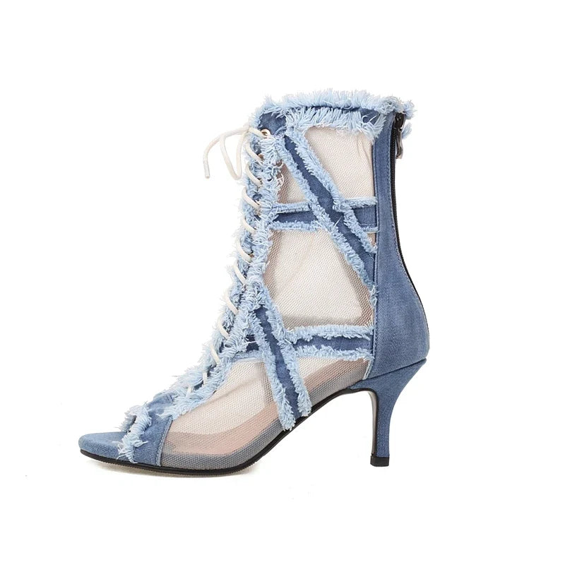 Women's European and American Denim Mesh Spring/Summer Lace Lace Lace High Heel