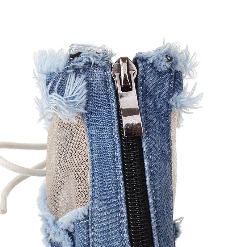Women's European and American Denim Mesh Spring/Summer Lace Lace Lace High Heel