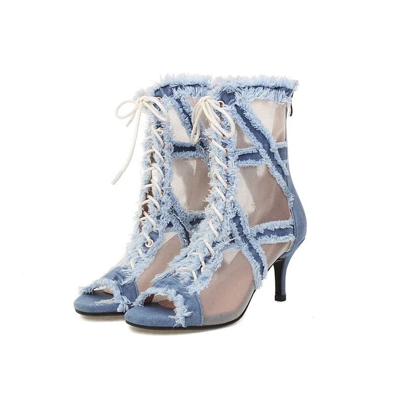 Women's European and American Denim Mesh Spring/Summer Lace Lace Lace High Heel