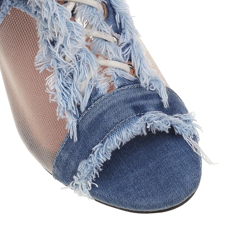 Women's European and American Denim Mesh Spring/Summer Lace Lace Lace High Heel
