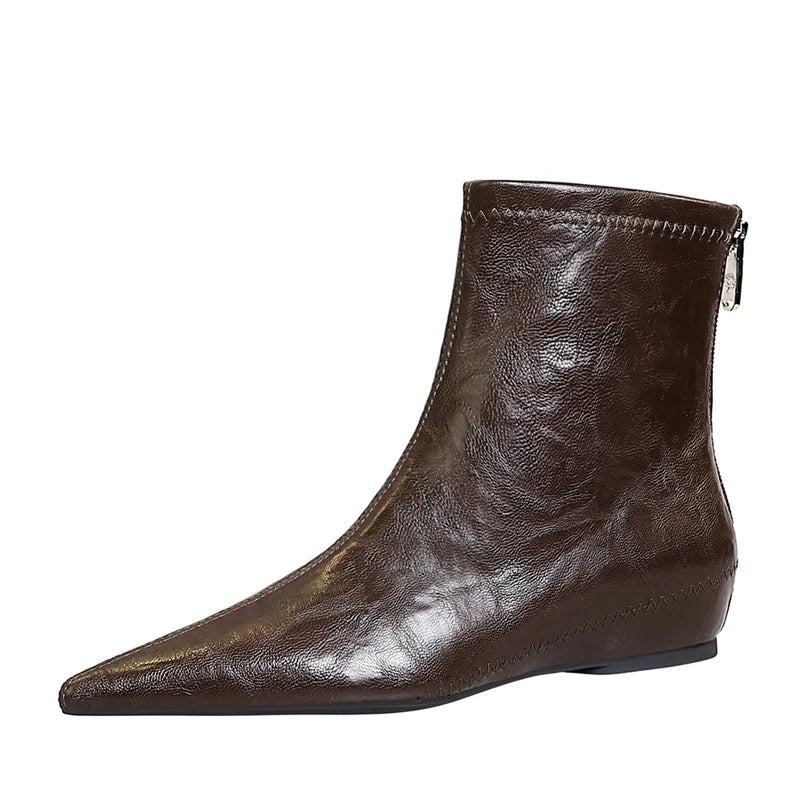 Women's European and American Retro Middle Heel Slope Heel Pointed Inner Increase Zipper Chelsea Short Boots