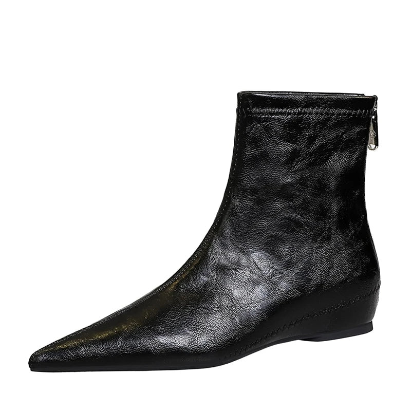 Women's European and American Retro Middle Heel Slope Heel Pointed Inner Increase Zipper Chelsea Short Boots