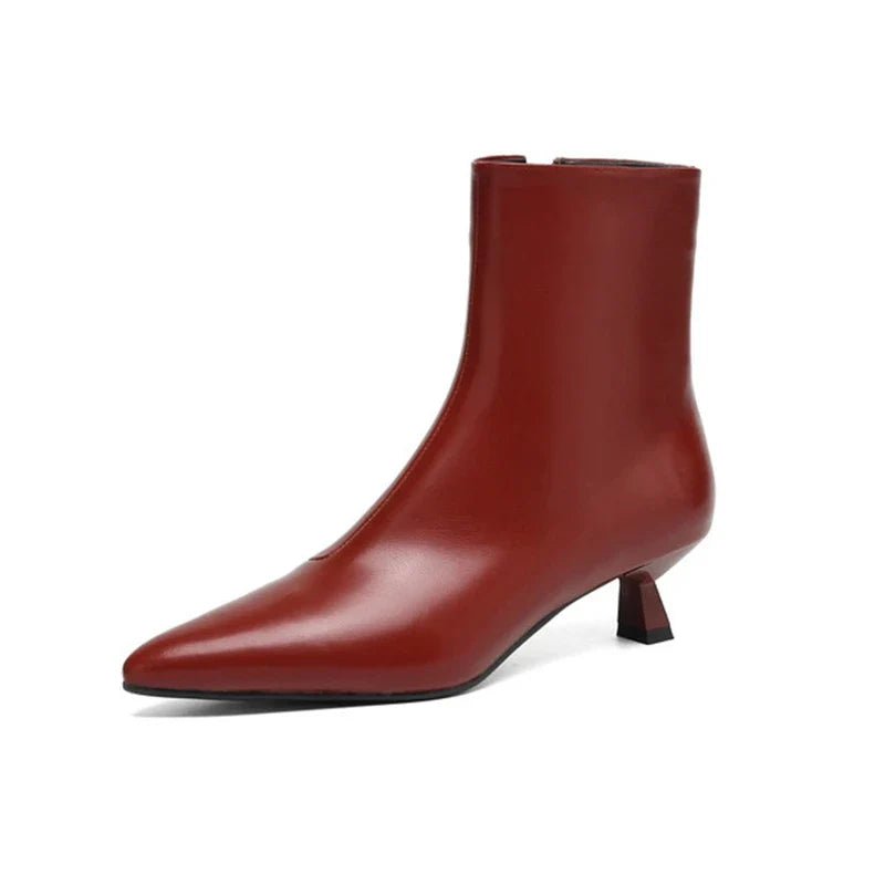 Women's Leather Cowhide Pointed Toe Mid Heel Handmade Oversized Zipper and Calf Short Boots