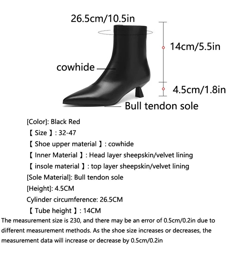 Women's Leather Cowhide Pointed Toe Mid Heel Handmade Oversized Zipper and Calf Short Boots