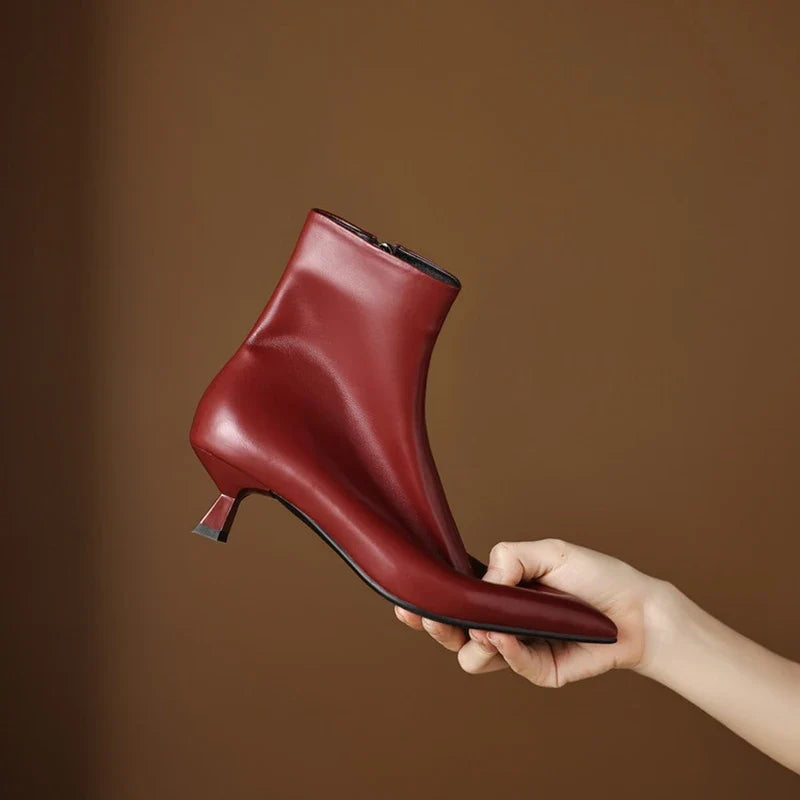 Women's Leather Cowhide Pointed Toe Mid Heel Handmade Oversized Zipper and Calf Short Boots