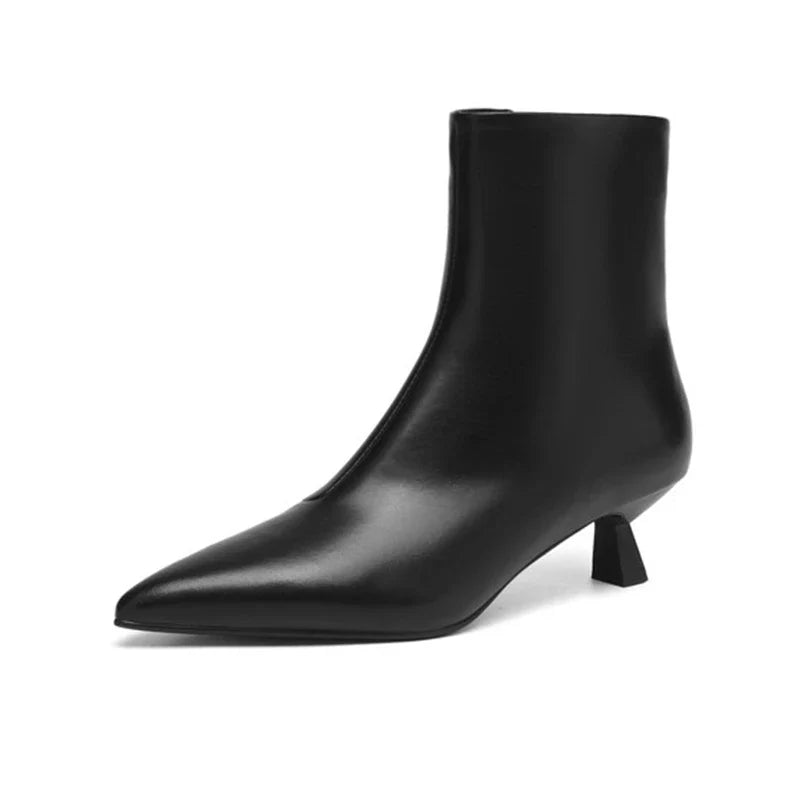 Women's Leather Cowhide Pointed Toe Mid Heel Handmade Oversized Zipper and Calf Short Boots
