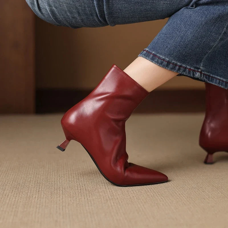 Women's Leather Cowhide Pointed Toe Mid Heel Handmade Oversized Zipper and Calf Short Boots