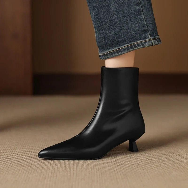 Women's Leather Cowhide Pointed Toe Mid Heel Handmade Oversized Zipper and Calf Short Boots