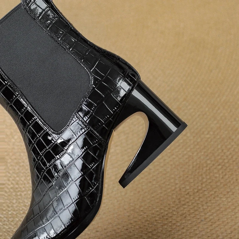 Women's Leather Embossed Pattern Cowhide Pointed High Heels With Irregular and Retro Chelsea Short Boots