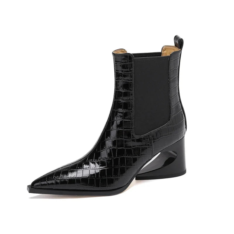 Women's Leather Embossed Pattern Cowhide Pointed High Heels With Irregular and Retro Chelsea Short Boots